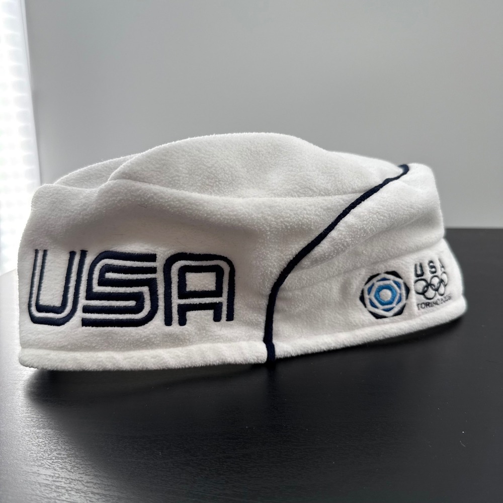 USA Olympic Torino 2006 Roots Fleece Hat White Winter Beanie Adjustable Ski Snow